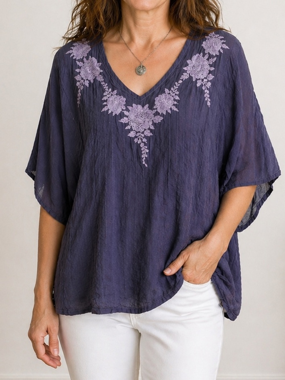Johnny Was Indigo Embroidered Silk Blend Boho Top M